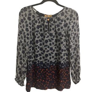 Tory Birch 100% Silk Womens Blouse Blue Floral Tunic Keyhole Neck Top Size 0